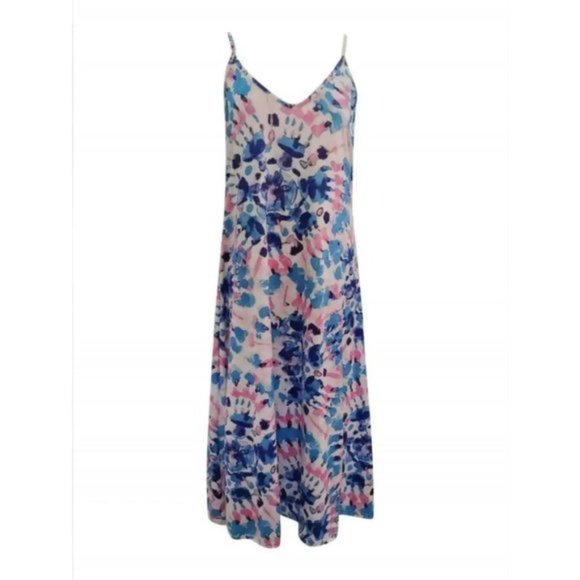 Boho Tie Dye Spaghetti Strap Maxi Dress Blue Pink White - Picture 2 of 8